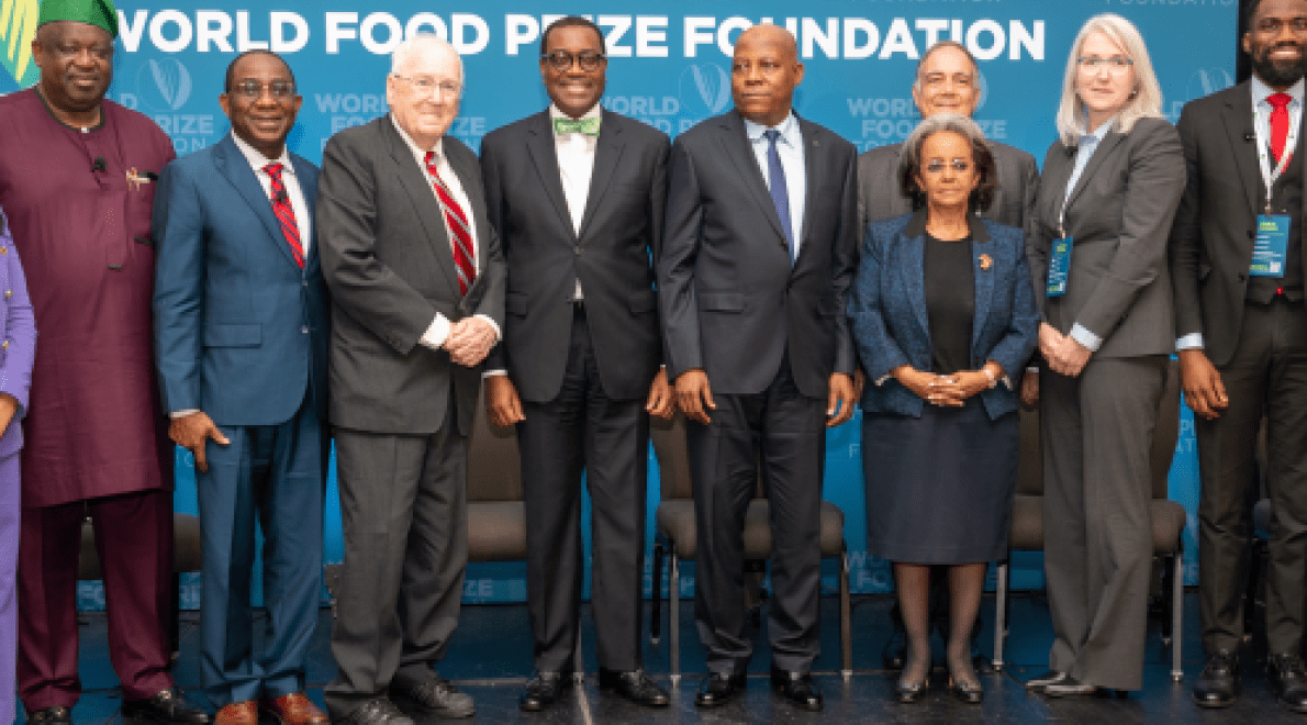 African Development Bank President Akinwumi Adesina (centre) flanked on his right by Ambassador Kenneth M. Quinn, President Emeritus, World Food Prize Foundation, and to his left, Nigerian VP Kashim Shettima and Ethiopian President Sahle-Work Zewde. Third from left of photo is Governor Caleb Mutfwang. Far right, Nigeria's Minister of Agriculture and Food Security Abubakar Kyari