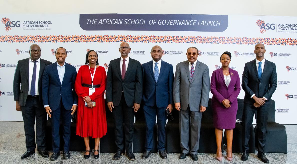 ASG Grand Launch (left to right) Hon. Mugenzi Patrice (Minister of Local Government - Republic of Rwanda), Mr. Francis Gatare (Senior Advisor, Office of the President – Republic of Rwanda), Dr. Agnes Kalibata (President, Alliance for Green Revolution in Africa - AGRA), Hon. Joseph Nsengimana (Minister of Education - Republic of Rwanda), Professor Kingsley Moghalu (President of African School of Governance), H.E Hailemariam Desalegn (Co-Founder of ASG & Guardian, ASG Foundation), Hon. Paula Ingabire (Ministe