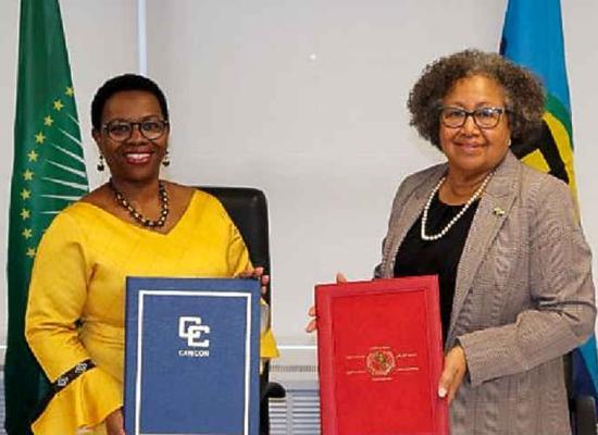 CARICOM Secretary General, Dr. Carla Barnett (right) and Deputy Chairperson (DCP) of the African Union (AU) Commission, Dr. Monique Nsanzabaganwa (left).