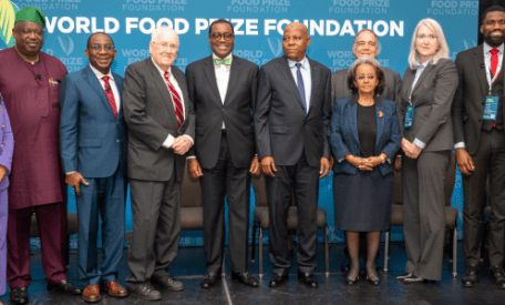 African Development Bank President Akinwumi Adesina (centre) flanked on his right by Ambassador Kenneth M. Quinn, President Emeritus, World Food Prize Foundation, and to his left, Nigerian VP Kashim Shettima and Ethiopian President Sahle-Work Zewde. Third from left of photo is Governor Caleb Mutfwang. Far right, Nigeria's Minister of Agriculture and Food Security Abubakar Kyari