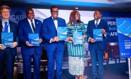 From left to right: Center for Sustainable Development, Columbia University, Prof Jeffrey Sachs; AU Commissioner, Ambassador Albert Muchanga; African Development Bank President Dr Akinwumi Adesina, Vice President Marie-Laure Akin-Olugbade and Chief Economist and Vice President Prof Kevin Urama