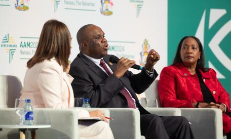 Prof. Benedict Oramah, President and Chairman of Board of Directors of Afreximbank stresses a point as International Trade Centre (ITC) Executive Director, Pamela Coke-Hamilton (right) listens. The two leaders spoke in Nassau, the Bahamas as part of the release of preliminary findings of the ITC-Afreximbank ‘Strengthening AfriCaribbean Trade and Investment’ project