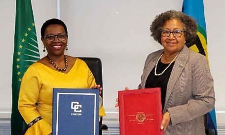 CARICOM Secretary General, Dr. Carla Barnett (right) and Deputy Chairperson (DCP) of the African Union (AU) Commission, Dr. Monique Nsanzabaganwa (left).